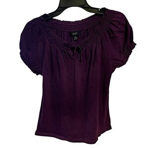 CHAPS Dark Purple Short Sleeve Shirt - size L - with frill details + Soft